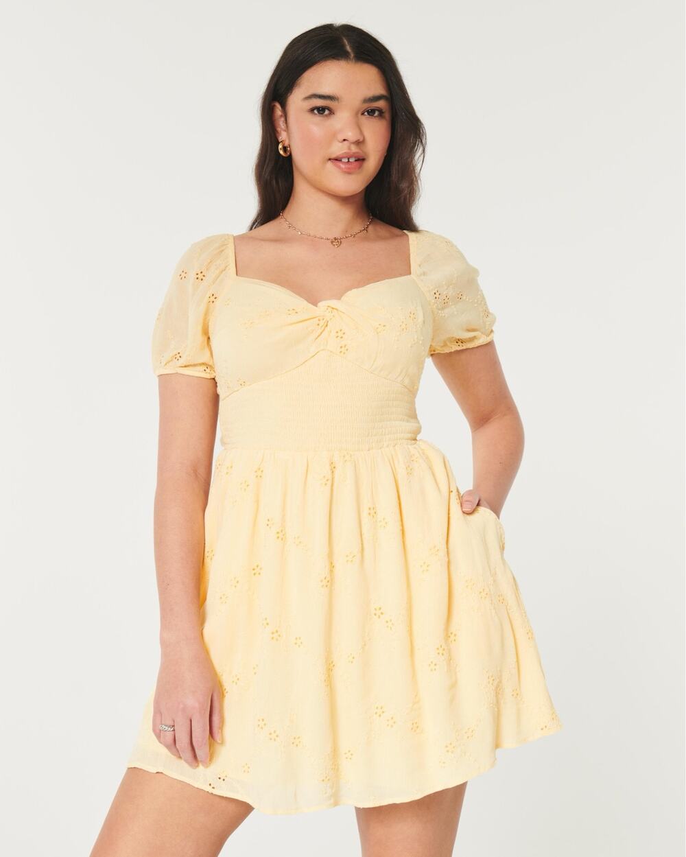 Hollister Yellow Eyelet Mini Dress Puff Sleeve Smocked Waist Medium Shorts